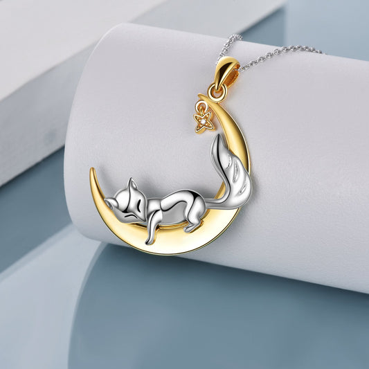 Cat Jewelry for Women 'Laid Back Kitten' Woman Fox on Moon Necklace Pendant Necklaces for Women, Gifts for Mom