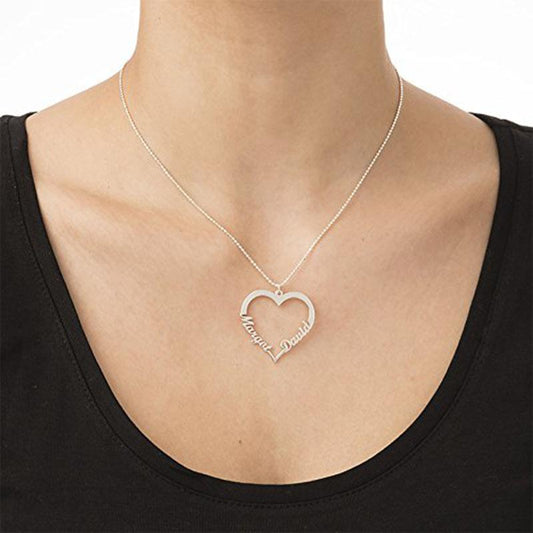 925 Sterling Silver Classic Heart 2 Name Necklace Nameplate Necklace - onlyone