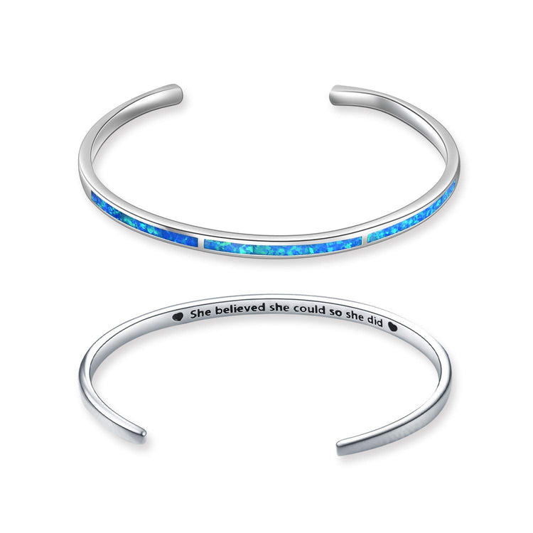 925 Sterling Silver Adjustable Cuff Blue Opal Bangle Bracelet Inspirational Bracelet Hidden Message She Believed She Could So She Did Engraved - onlyone