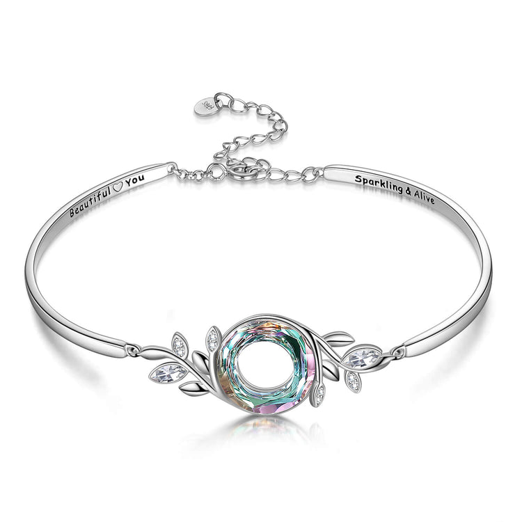 Bracelet feuilles ajustables en argent sterling 925 avec cristal