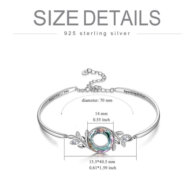 Bracelet feuilles ajustables en argent sterling 925 avec cristal