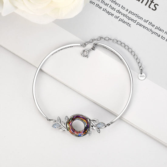 925 Sterling Silver Adjustable Leaves Bracelet With Swarovski Crystal - onlyone