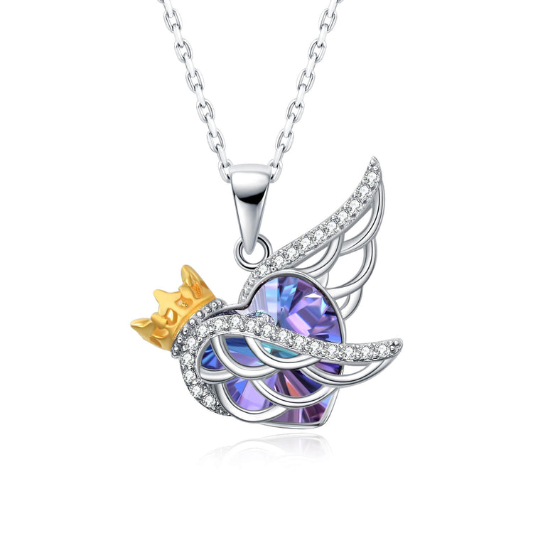 925 Sterling Silver Angel Wing Necklace Guardian Angel Jewelry Heart Purple Swarovski Crystal Pendant - onlyone