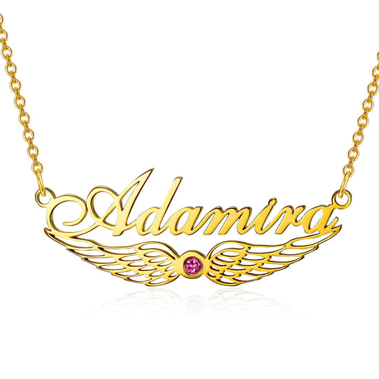 925 Sterling Silver Angel Wings Name Necklace Nameplate Necklace With Birthstone - onlyone