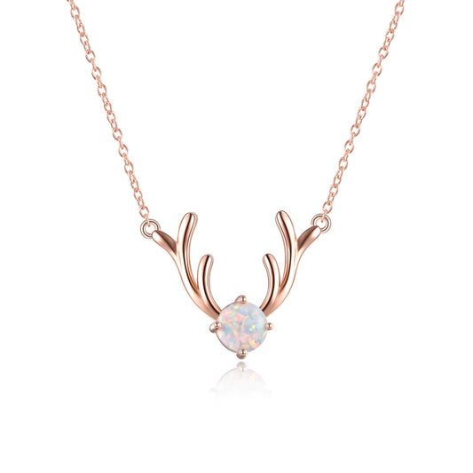 925 Sterling Silver Antler Pendant Necklace With Opal Christmas Gift - onlyone