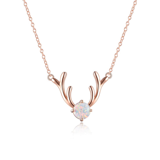 925 Sterling Silver Antler Pendant Necklace With Opal Christmas Gift - onlyone