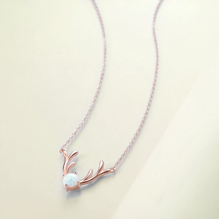 925 Sterling Silver Antler Pendant Necklace With Opal Christmas Gift - onlyone