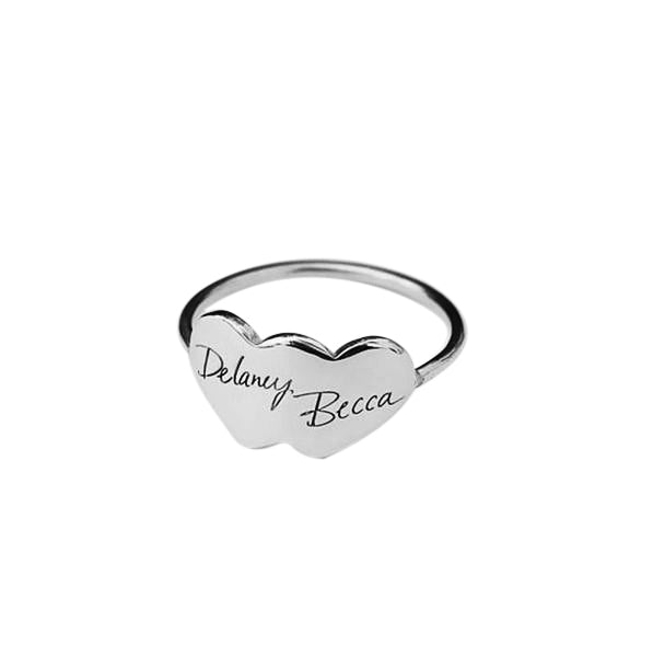 925 Sterling Silver Personalized Handwriting Double Heart Engraved Ring - onlyone