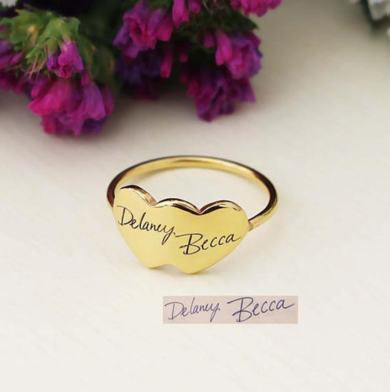 925 Sterling Silver Personalized Handwriting Double Heart Engraved Ring - onlyone