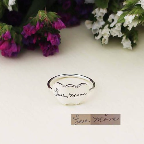 925 Sterling Silver Personalized Handwriting Double Heart Engraved Ring - onlyone