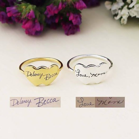 925 Sterling Silver Personalized Handwriting Double Heart Engraved Ring - onlyone