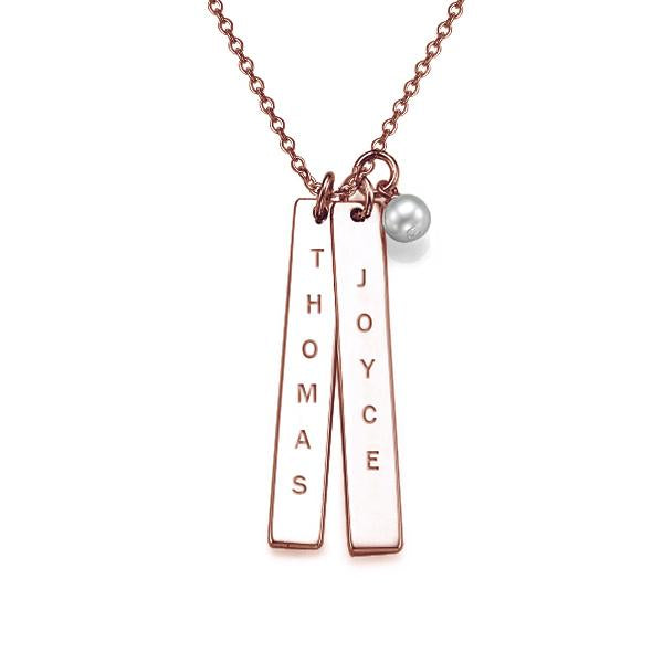 925 Sterling Silver Engraved Vertical Two Bar Name Necklace With Pearl Nameplate Necklace - onlyone