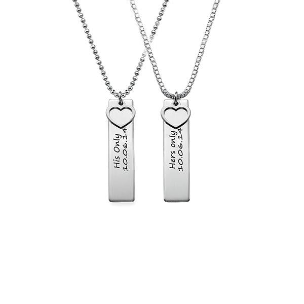 925 Sterling Silver Engraved Vertical Bar Necklace With Heart Pandant - onlyone