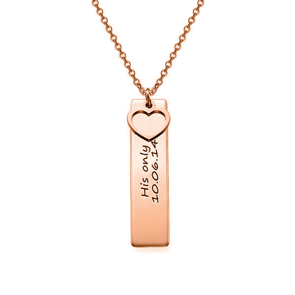 925 Sterling Silver Engraved Vertical Bar Necklace With Heart Pandant - onlyone