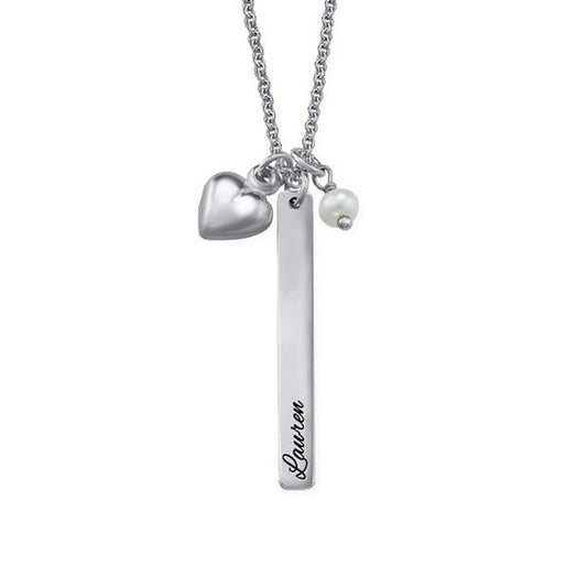 925 Sterling Silver Engraved Vertical Bar Custom Name Necklace With Pearl Pandant Heart Pandant Nameplate Necklace - onlyone