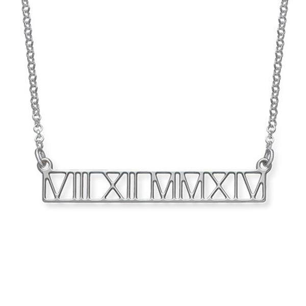 925 Sterling Silver Special Date Roman Numerals Engraved Bar Necklace - onlyone