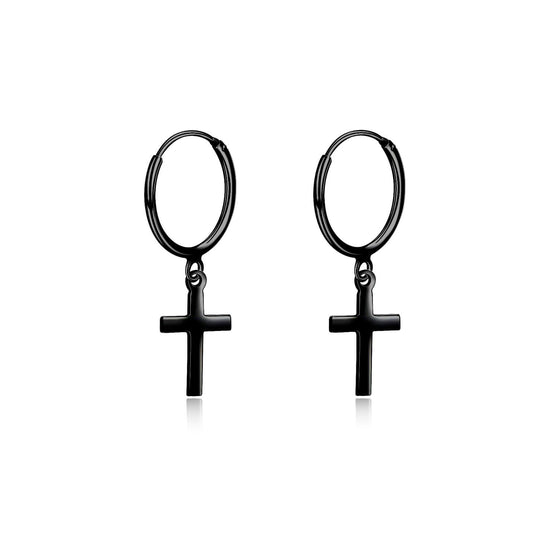 925 Sterling Silver Black Cross Hoop Earrings - onlyone