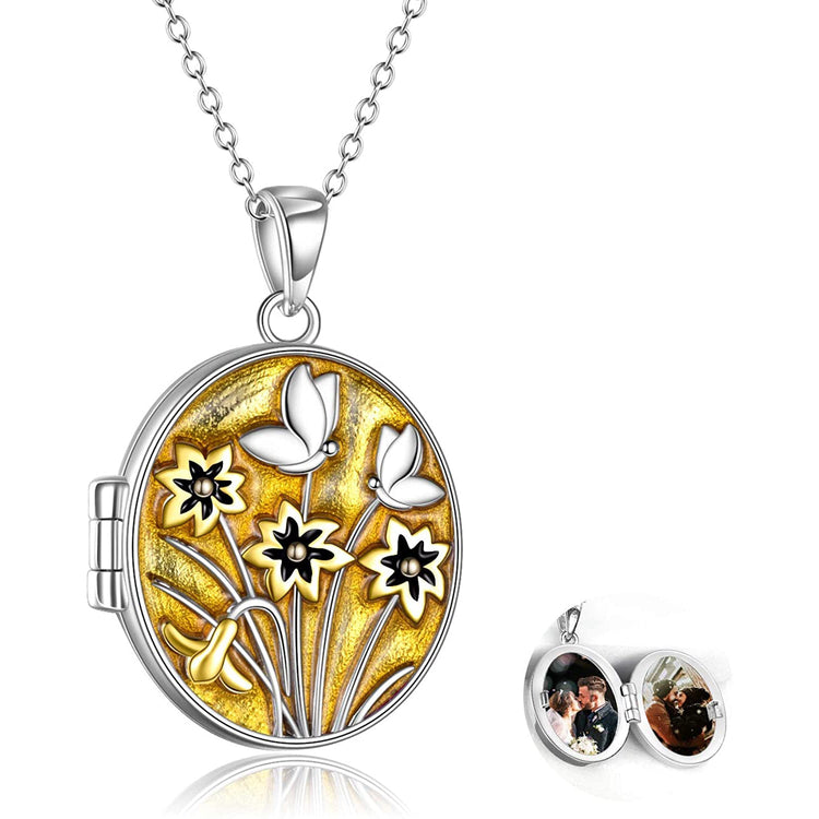 925 Sterling Silver Oval Flower And Butterfly Round Photo Locket Pendant Necklace