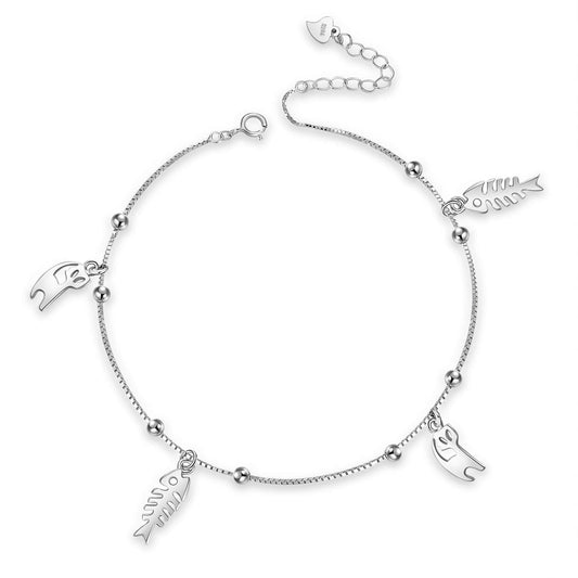 925 Sterling Silver Cats And Fishes Anklet - onlyone