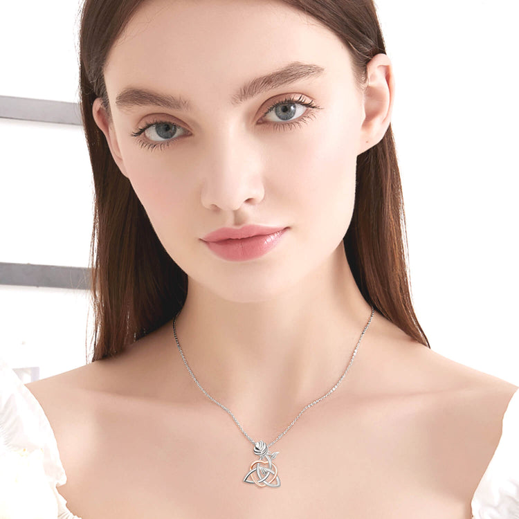 925 Sterling Silver Celtic Knot Triangle Trinity Knot Love Heart Rose Pendant Necklace - onlyone