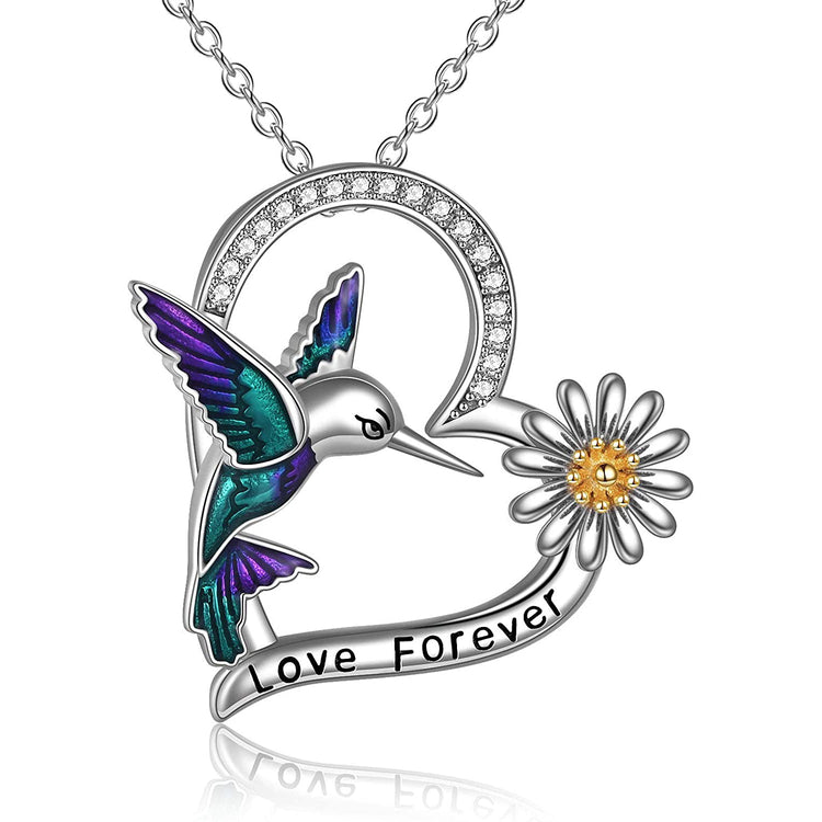 925 Sterling Silver Hummingbird And Flower Necklace