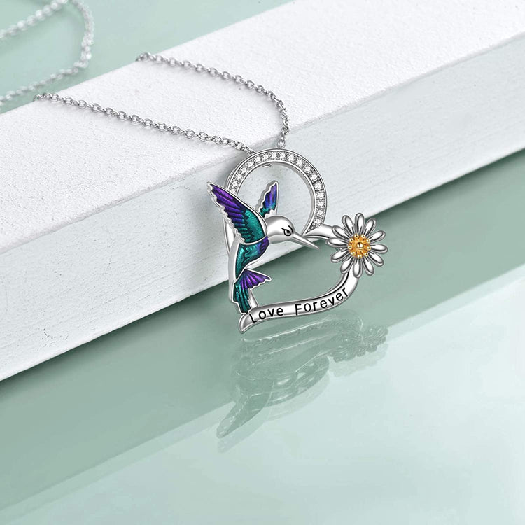 925 Sterling Silver Hummingbird And Flower Necklace