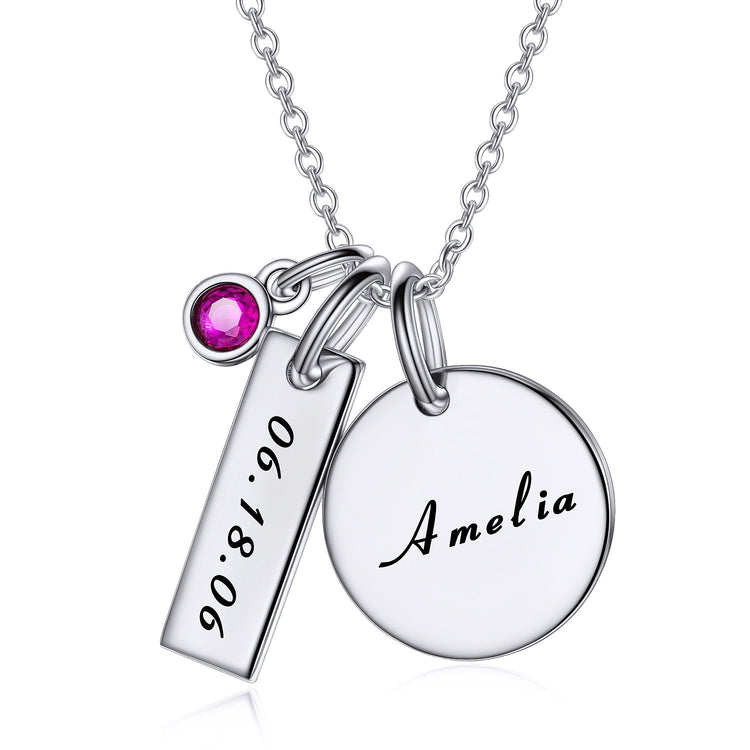 925 Sterling Silver Birthstone Engraved Coin Name Necklace Nameplate Necklace, Back To School Gift Necklace - onlyone