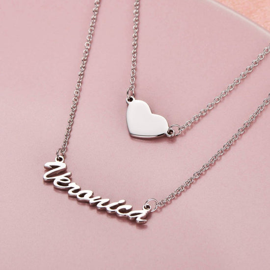 925 Sterling Silver Two Layers Heart Name Necklace Nameplate Necklace - onlyone