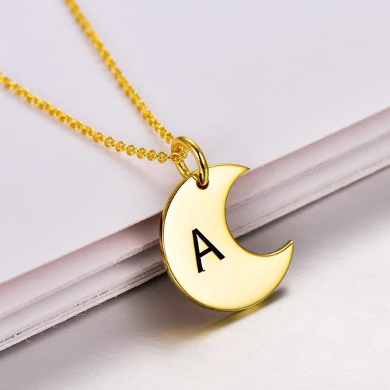 925 Sterling Silver Dainty Gold Moon Initial Engraved Necklace - onlyone