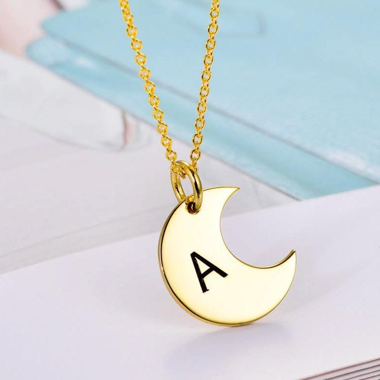 925 Sterling Silver Dainty Gold Moon Initial Engraved Necklace - onlyone