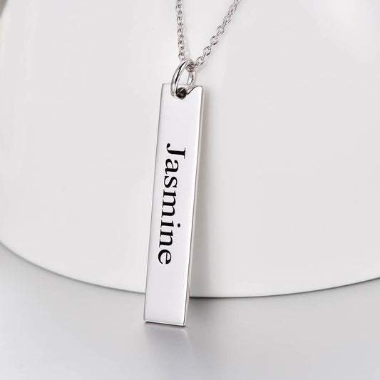 925 Sterling Silver Engraved Vertical Bar Name Necklace Nameplate Necklace - onlyone