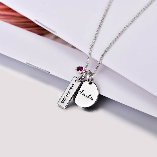 925 Sterling Silver Birthstone Engraved Coin Name Necklace Nameplate Necklace, Back To School Gift Necklace - onlyone