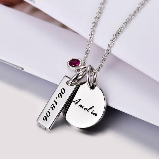 925 Sterling Silver Birthstone Engraved Coin Name Necklace Nameplate Necklace, Back To School Gift Necklace - onlyone