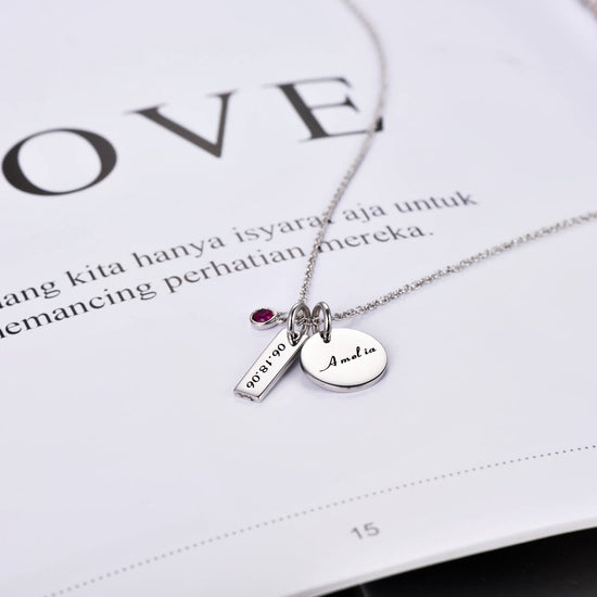 925 Sterling Silver Birthstone Engraved Coin Name Necklace Nameplate Necklace, Back To School Gift Necklace - onlyone