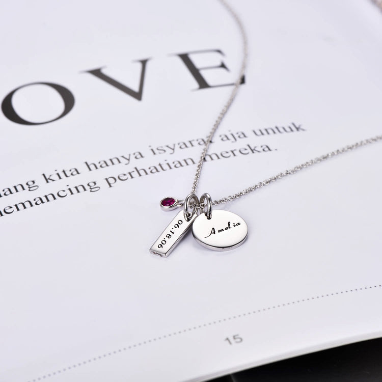 925 Sterling Silver Birthstone Engraved Coin Name Necklace Nameplate Necklace, Back To School Gift Necklace - onlyone