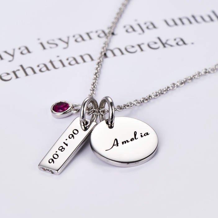 925 Sterling Silver Birthstone Engraved Coin Name Necklace Nameplate Necklace, Back To School Gift Necklace - onlyone