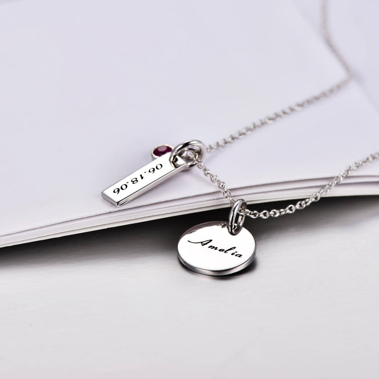 925 Sterling Silver Birthstone Engraved Coin Name Necklace Nameplate Necklace, Back To School Gift Necklace - onlyone