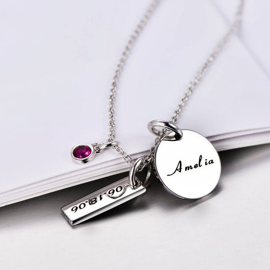 925 Sterling Silver Birthstone Engraved Coin Name Necklace Nameplate Necklace, Back To School Gift Necklace - onlyone