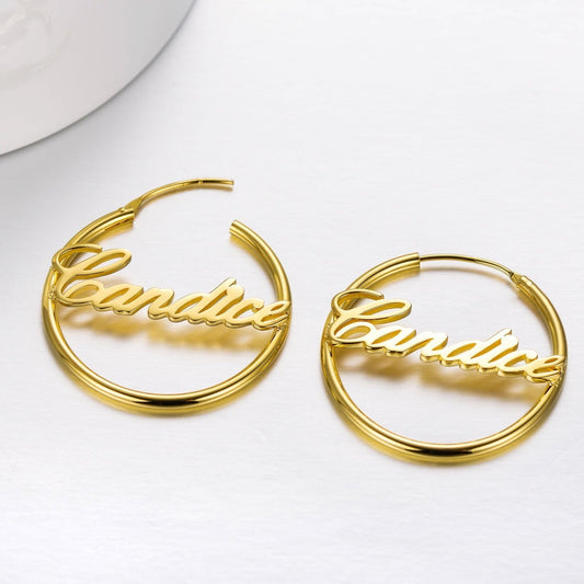 925 Sterling Silver Personalized Script Name Hoop Earrings Nameplate Earrings - onlyone