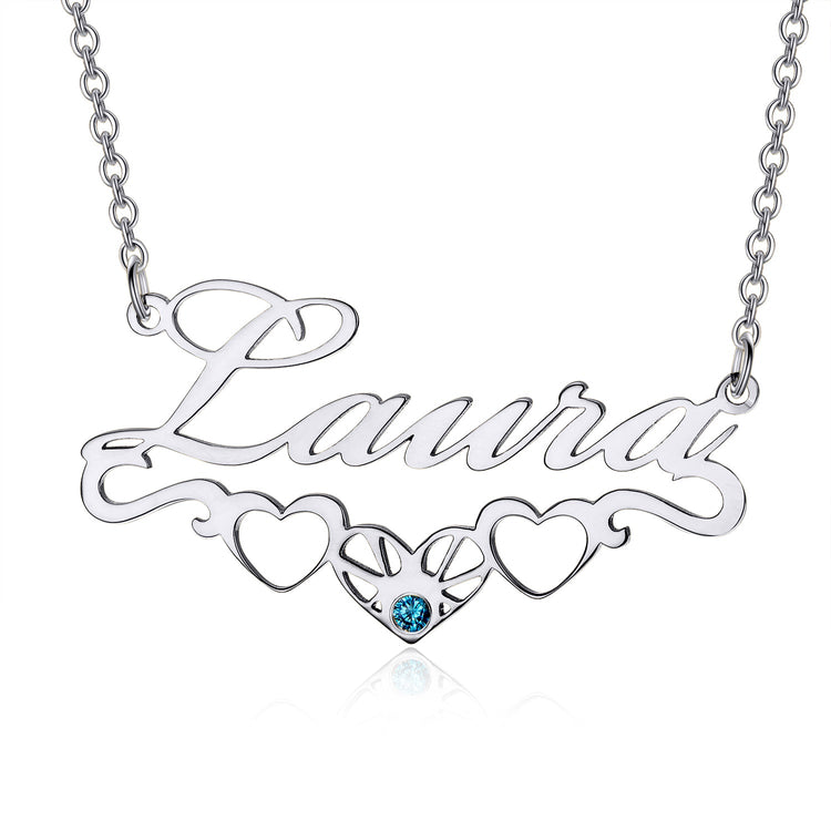 925 Sterling Silver Name Necklace With Underline Hearts Nameplate Necklace With Birthstone, Birthday Gift - onlyone