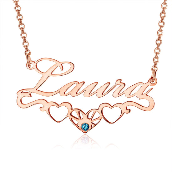 925 Sterling Silver Name Necklace With Underline Hearts Nameplate Necklace With Birthstone, Birthday Gift - onlyone