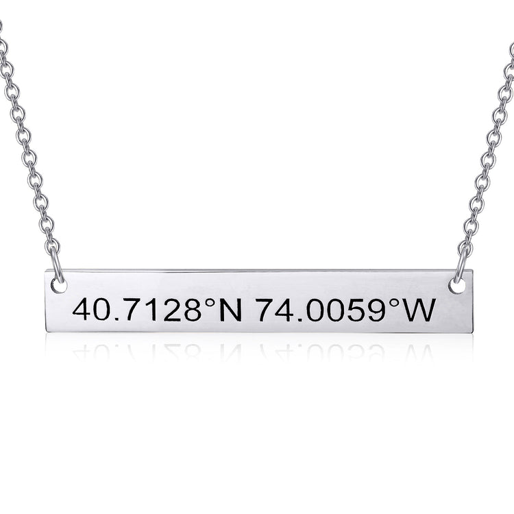 925 Sterling Silver Coordinates Engraved Bar Necklace, Custom Latitude and Longitude Necklace - onlyone