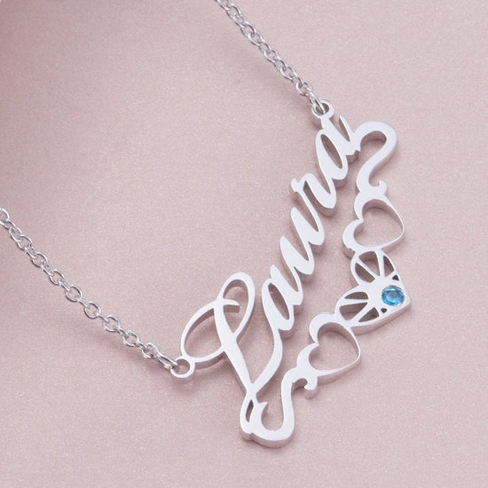 925 Sterling Silver Name Necklace With Underline Hearts Nameplate Necklace With Birthstone, Birthday Gift - onlyone