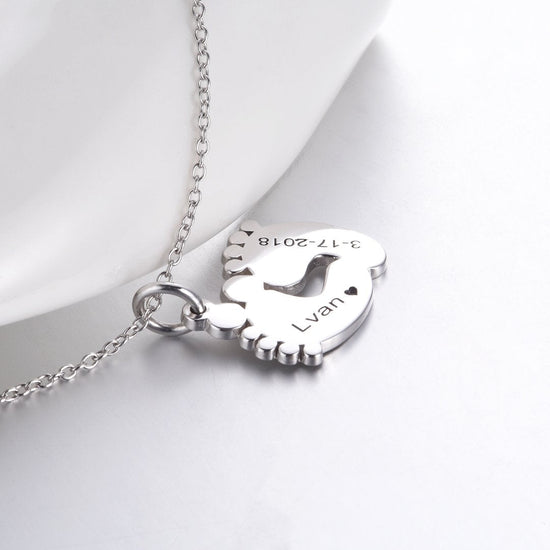 925 Sterling Silver Engraved Baby Feet Double Name Necklace Nameplate Necklace, Gift For Mom - onlyone