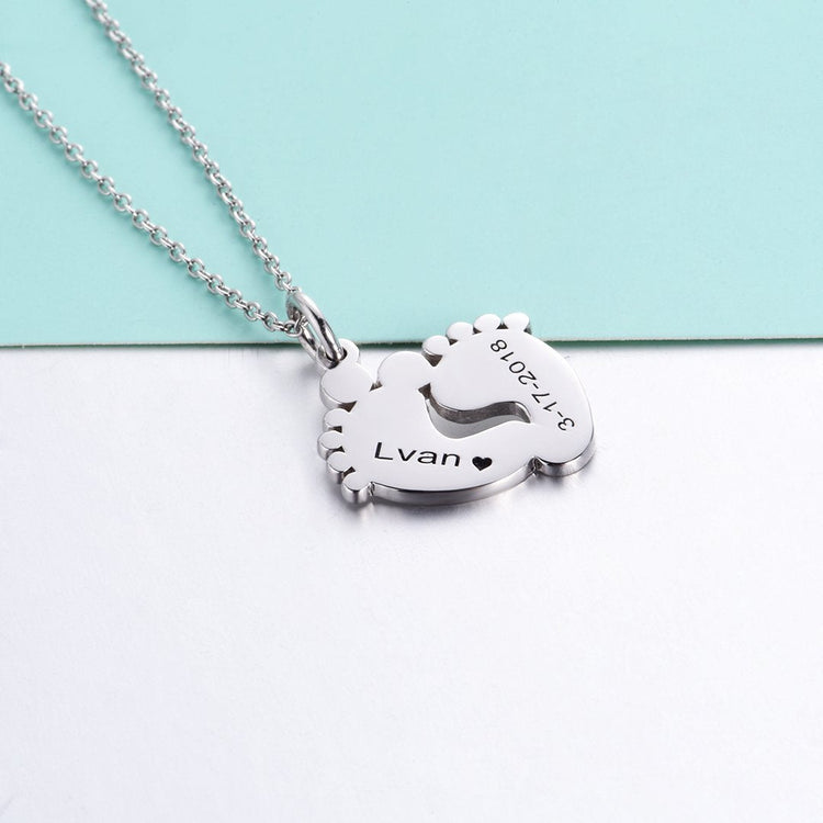 925 Sterling Silver Engraved Baby Feet Double Name Necklace Nameplate Necklace, Gift For Mom - onlyone