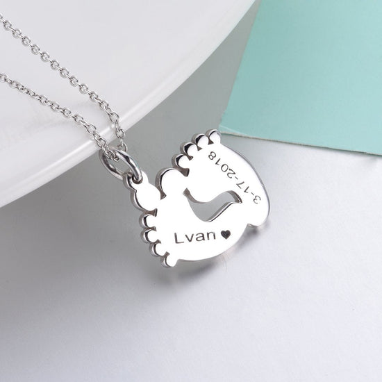 925 Sterling Silver Engraved Baby Feet Double Name Necklace Nameplate Necklace, Gift For Mom - onlyone