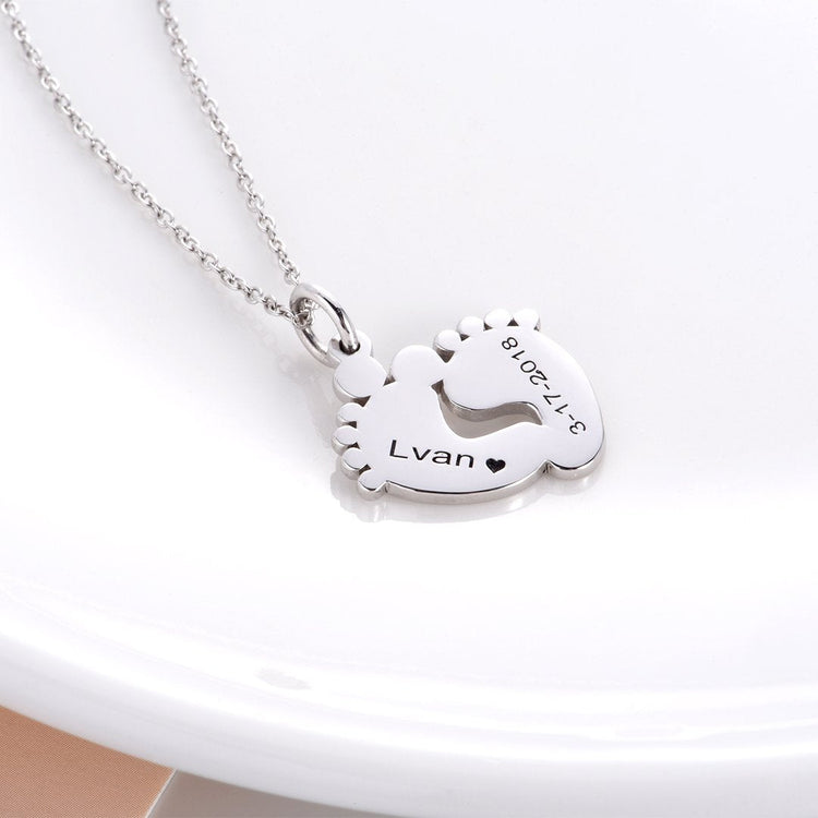 925 Sterling Silver Engraved Baby Feet Double Name Necklace Nameplate Necklace, Gift For Mom - onlyone