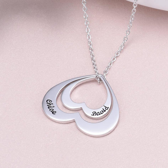 925 Sterling Silver Engraved Double Name Heart Necklace Nameplate Necklace - onlyone