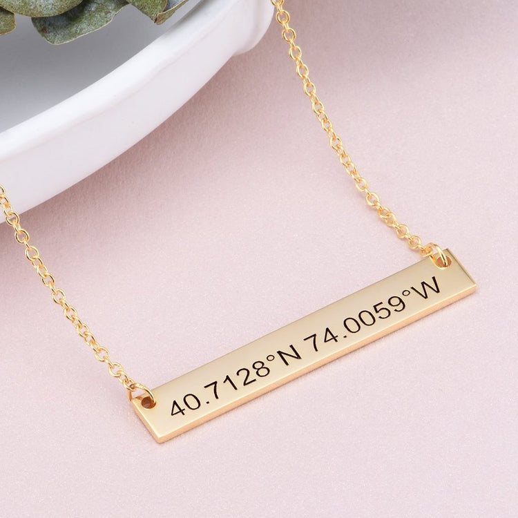 925 Sterling Silver Coordinates Engraved Bar Necklace, Custom Latitude and Longitude Necklace - onlyone