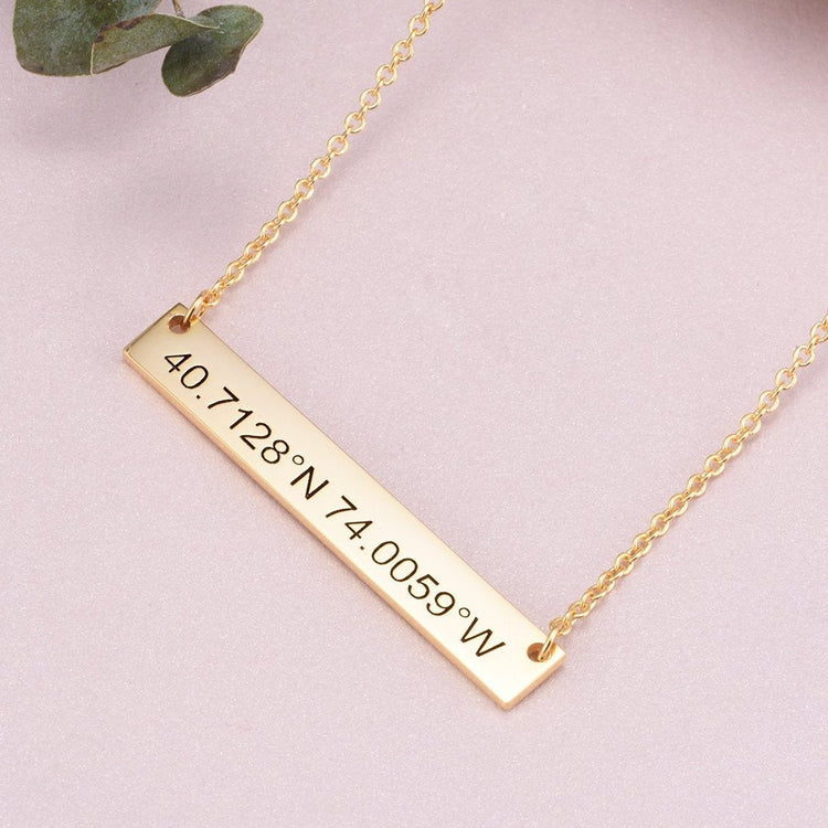 925 Sterling Silver Coordinates Engraved Bar Necklace, Custom Latitude and Longitude Necklace - onlyone